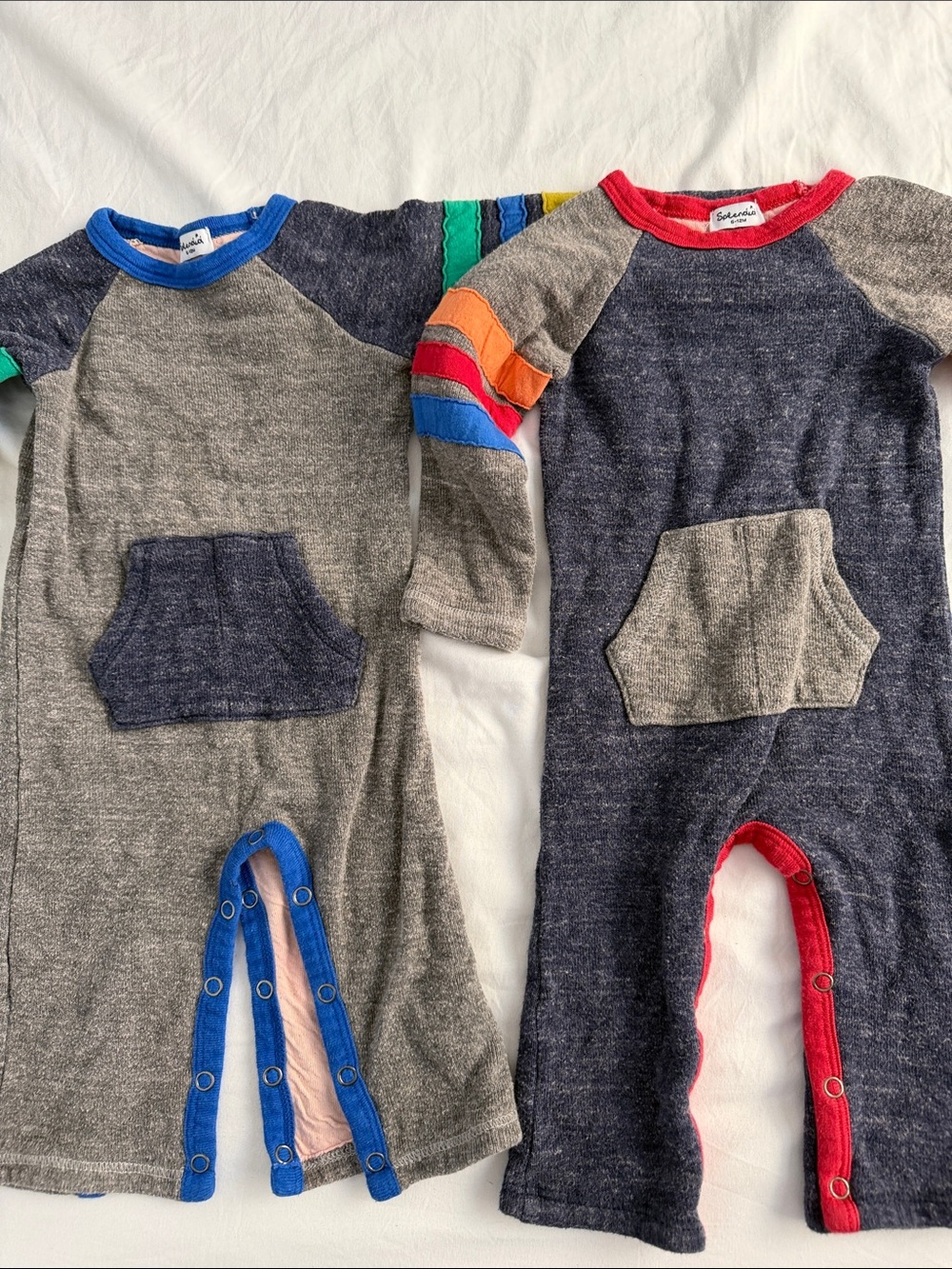 Splendid Two-Tone Raglan Baby Pajama Romper in Blue, Gray & Red Trim